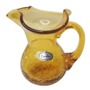 Hand Blown Glass By Rainbow Yellow Gold Crackle Glass Small Cream Pitcher‎ 4oz